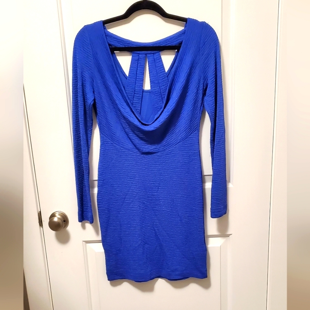 2/$50 blue cowal neck with interesting back fitted knit dress